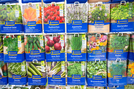 Vegetable seeds, store display, growing beetroot, cucumbers, onions and cress in garden, planting in spring, Trier, Germany, February 13th 2026のeditorial素材
