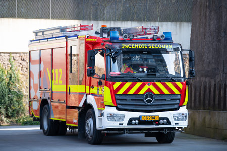Red fire department rescue truck, city of Esch sur Alzette, Luxembourg, emergency response, public...