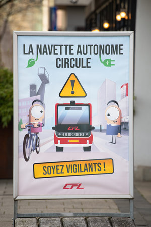 Autonomous electric shuttle sign, station in Esch sur Alzette, Belval district, Luxembourg, free of...