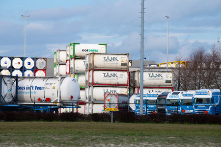 Large depot of ISO tank containers, standardized container, safe transport, storage of liquid bulk...