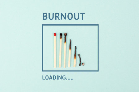 Exhaustion and stress, burnout in hustle society, low energy, burning matches in a chain, domino effect, work life balance loading