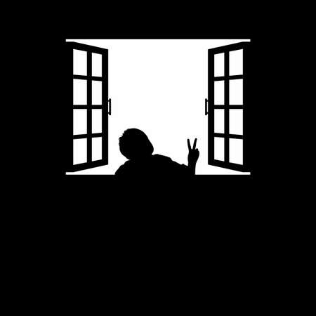 Children Give Peace Hand Finger Sign on the Window Silhouette. the Symbolism of the Peace, Stop War, No War or War is Over. Vector Illustrationのイラスト素材