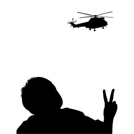 Shilouette of Children (Little Boy) Give Peace Hand Sign To Helicopter Attack (Military Vehicles). Visual of the Peace, Stop War, No War or War is Over. Vector Illustrationのイラスト素材