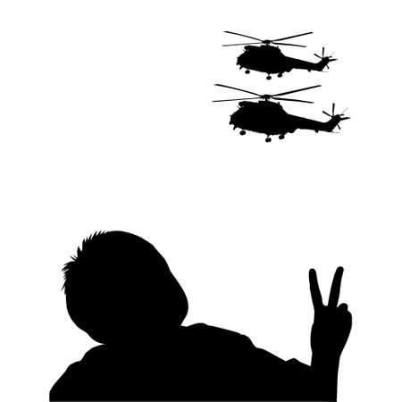 Shilouette of Children (Little Boy) Give Peace Hand Sign To Helicopter Attack (Military Vehicles). Visual of the Peace, Stop War, No War or War is Over. Vector Illustrationのイラスト素材