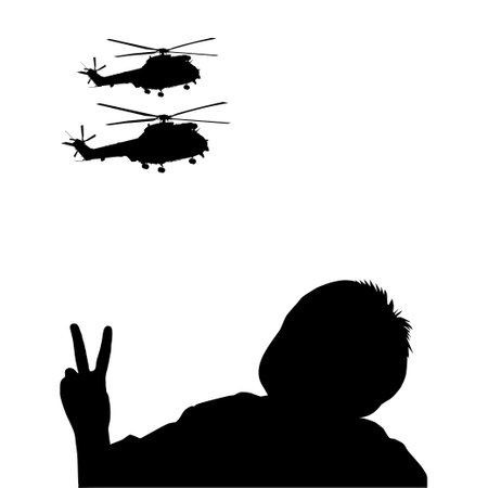 Shilouette of Children (Little Boy) Give Peace Hand Sign To Helicopter Attack (Military Vehicles). Visual of the Peace, Stop War, No War or War is Over. Vector Illustrationのイラスト素材