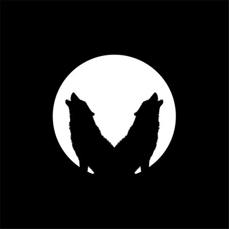 Silhouette of the Wolf Howled on the Full Moon Circle Shape, Moonlight, for Logo Type, Art Illustration, Pictogram or Graphic Design Element. Vector Illustrationのイラスト素材