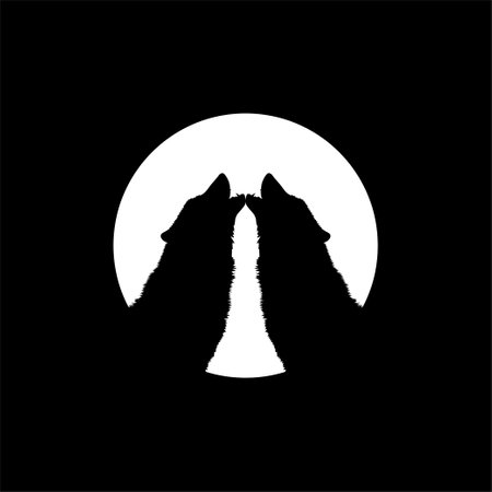 Silhouette of the Wolf Howled on the Full Moon Circle Shape, Moonlight, for Logo Type, Art Illustration, Pictogram or Graphic Design Element. Vector Illustrationのイラスト素材