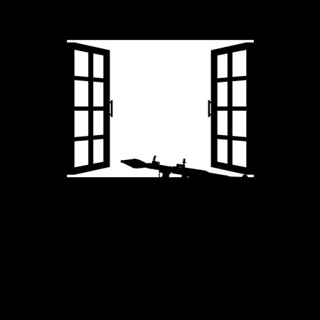 Silhouette of the Bazooka or Rocket Launcher Weapon in the Window, Dramatic War View, can use for Art Illustration, War News, Poster or Graphic Design Element. Vector Illustrationのイラスト素材
