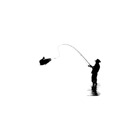 Silhouette of the Fisherman or Angler Catch Fish, can use for Art Illustration, Logo Gram, Sticker, or Graphic Design Element. Vector Illustrationのイラスト素材