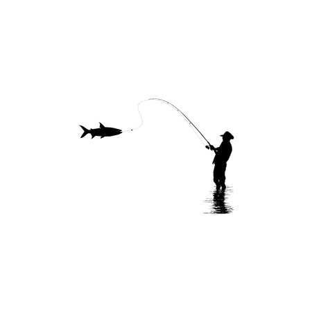 Silhouette of the Fisherman or Angler Catch Fish, can use for Art Illustration, Logo Gram, Sticker, or Graphic Design Element. Vector Illustrationのイラスト素材