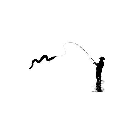 Silhouette of the Fisherman or Angler Catch Moray Eel, can use for Art Illustration, Logo Gram, Sticker, or Graphic Design Element. Vector Illustrationのイラスト素材