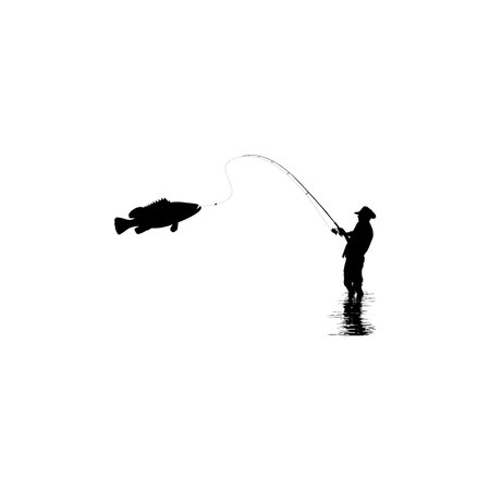 Silhouette of the Fisherman or Angler Catch Fish, can use for Art Illustration, Logo Gram, Sticker, or Graphic Design Element. Vector Illustrationのイラスト素材