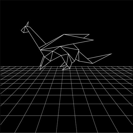 Dragon polygonal lines on the Synthwave vaporwave, perspective grids, wireframe landscape background, laser grid in deep space. Vector Illustrationのイラスト素材