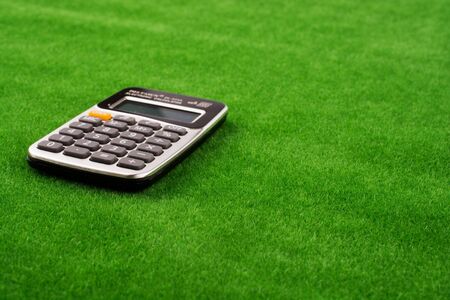 Littlegift box with a ribbon placed on green grassの写真素材