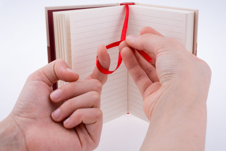 Hand holding a notebook on a white backgroundの写真素材