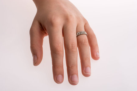 Hand wearing a ring on a white background