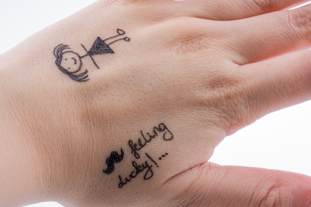 Girl figure drawn on a finger tip with black colorの写真素材