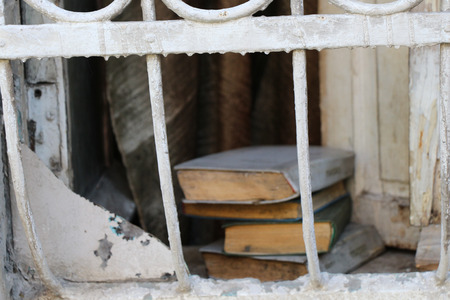 Books of various rypes on the on the windowの写真素材