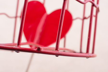 Red heart shape icon in metal wired cage