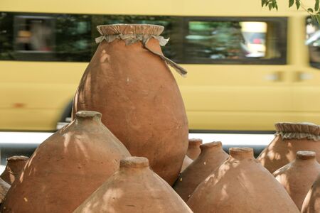Harden clay pot showing for sale in a marketの写真素材
