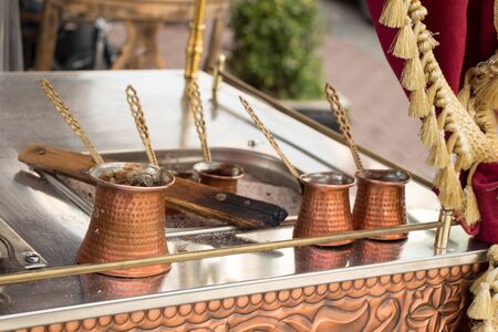 Turkish coffee pots made of metal in a traditional styleの写真素材