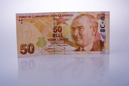 Turksh Lira banknotes of 50 Lira  on white backgroundの写真素材