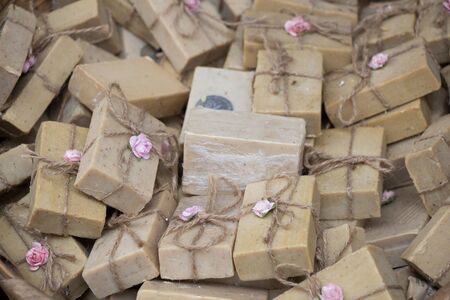 Collection of bars of fragrant hand made organic soapの写真素材