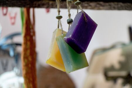 Collection of bars of fragrant hand made organic soapの写真素材