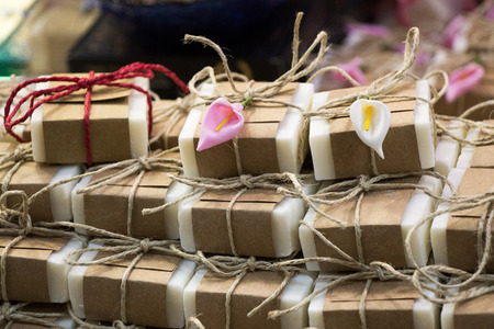 Collection of bars of fragrant hand made organic soapの写真素材