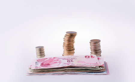 Turkish Lira coins and banknotes side by side on white background