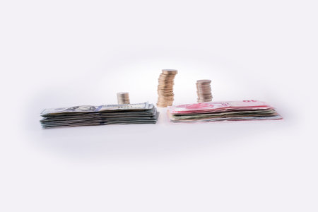 Turkish Lira coins and banknotes side by side on white background
