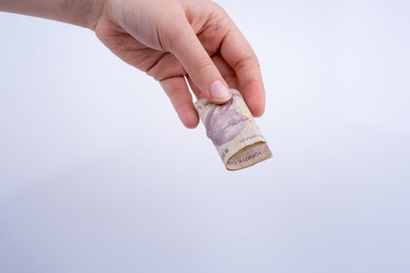 Hand holding 5 Turksh Lira banknote  on white background