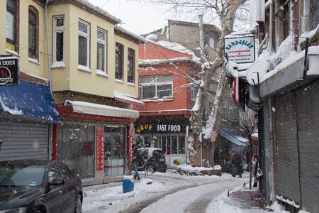 A winter view from the city of Istanbul with houses covered with white snowのeditorial素材