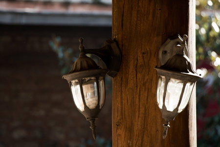Old electric street lamps made of metal in retro style