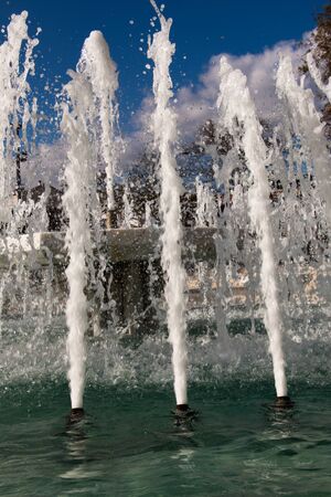 The fountains gushing sparkling water in a pool in a parkの写真素材