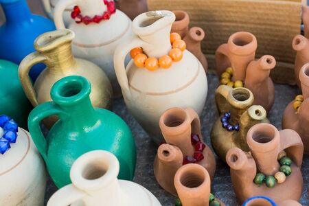 Traditional clay pottery  in the market for sale in Istanbul in Turkeyの写真素材