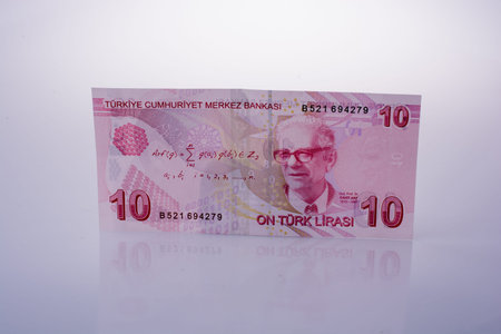 Turksh Lira banknotes of 10 Lira  on white backgroundの写真素材