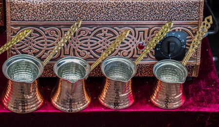 Turkish coffee pots made of metal in a traditional styleの写真素材