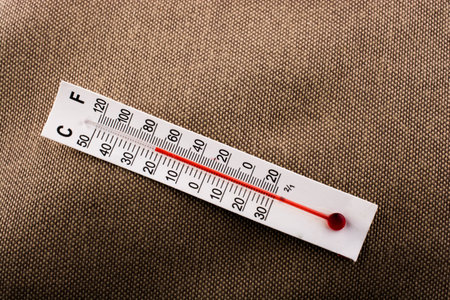 Thermometer placed on a brown rope on a fabric background