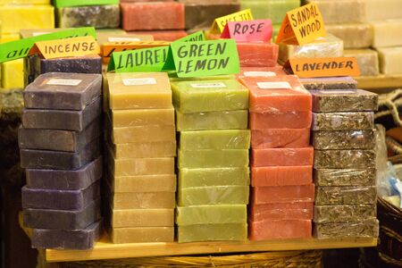Collection of bars of fragrant hand made organic soapの写真素材