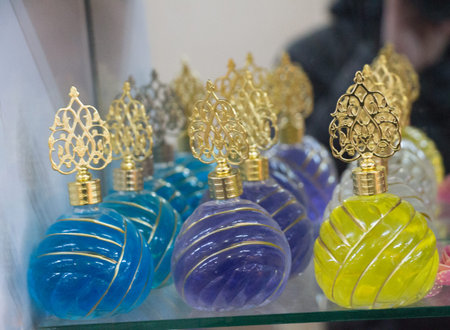 Set of Empty small transparent color bottles