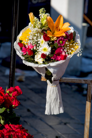Beautiful bouquet of  flowers at the street  flower vendorの写真素材