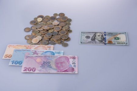 American dollar and Turksh Lira banknotes  and coins side by side