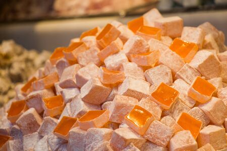 Different kinds of Turkish delight sweets at the Spice Marketの写真素材