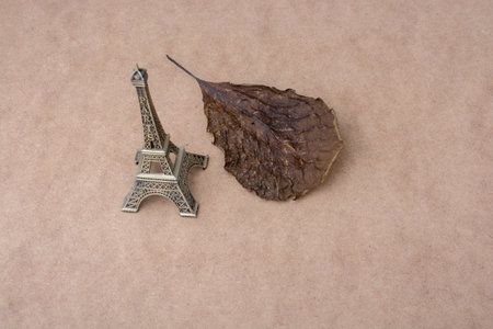 Little model Eiffel Tower  and a dry leaf on brown background