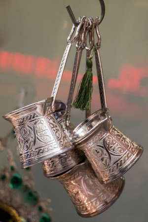 Turkish coffee pots made of metal in a traditional styleの写真素材