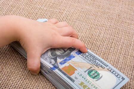 Toddler hand holding banknote bundle of US dollar on a linen canvas backgroundの写真素材