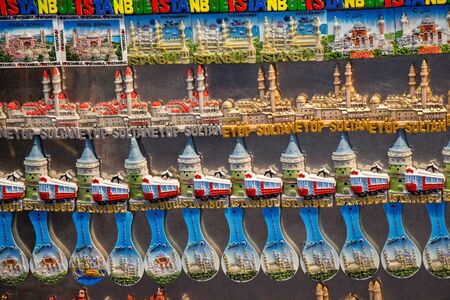 Colorful magnet souvenirs from Istanbul at a souvenir shopの写真素材