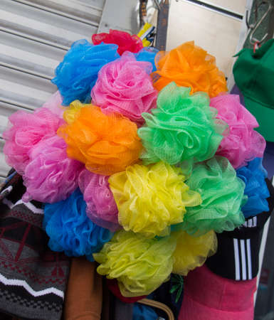 Set of the colorful  pompoms in the bazaarの写真素材