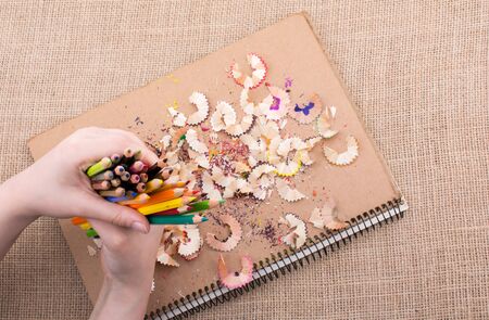 Hand holding Color Pencils over a notebook with pencil shavingsの写真素材